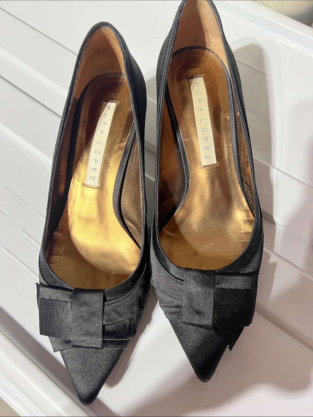 Pura López Black Satin Pointed Toe Pumps with Bow Accent
